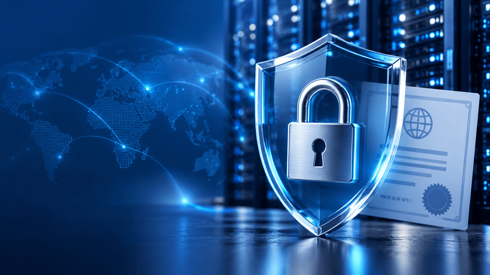 ภาพประกอบ GlobalSign SSL เป็นโล่และกุญแจดิจิทัลหน้าระบบเซิร์ฟเวอร์